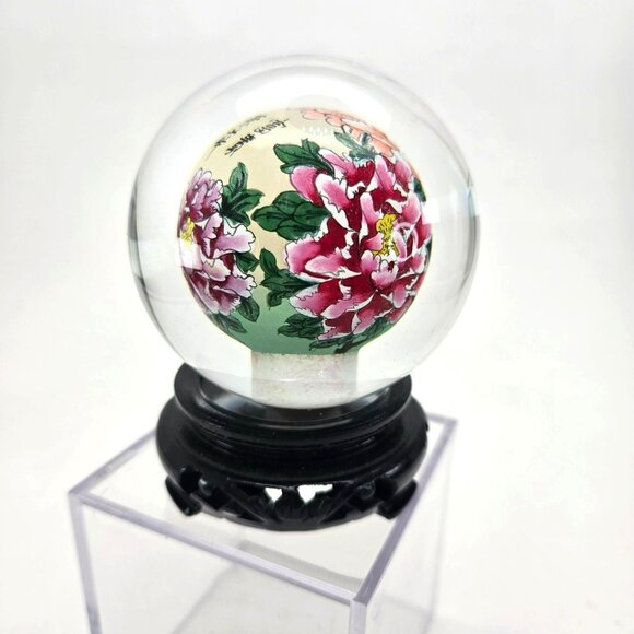 Hand-Painted Chinese Art Glass Ball Globe With Wooden Stand Vintage Asian je217